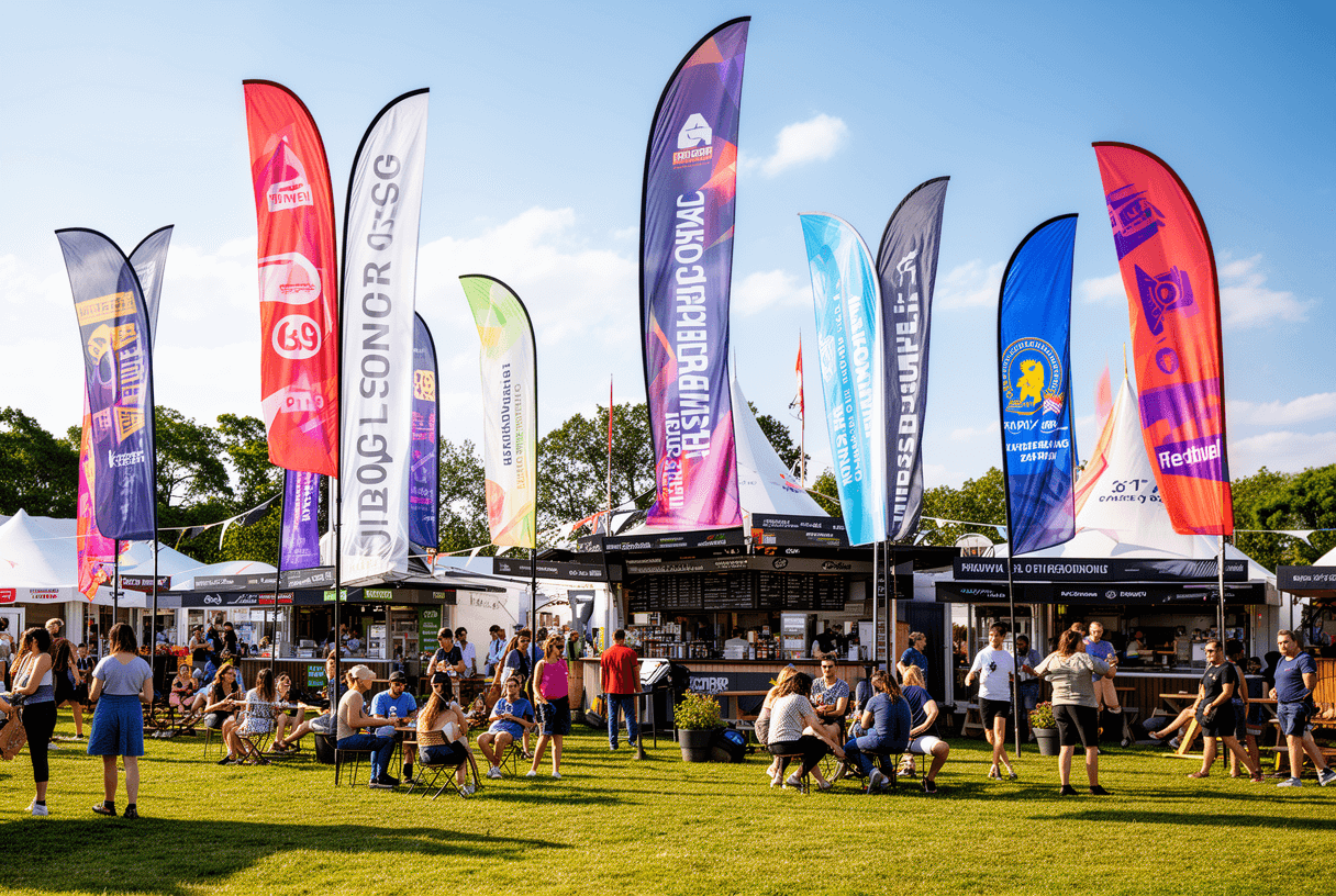 Oriflammes sponsor dans zone restauration festival